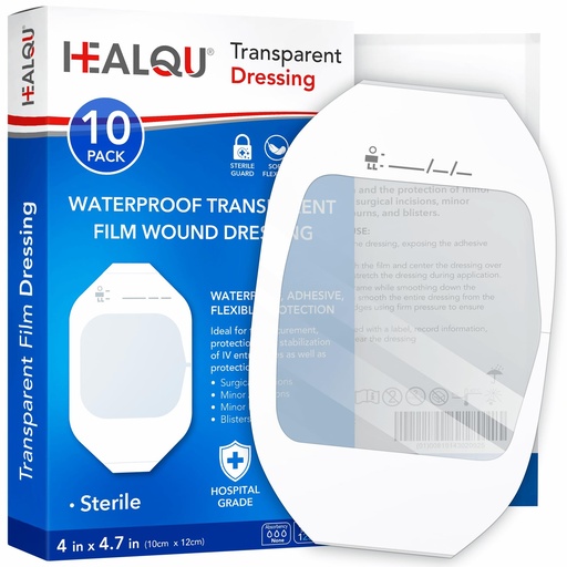 [BRSW2AQEC4PRSFDB] Transparent Film Dressing 4" x 4.75" (10 Pack) - Waterproof Adhesive Wound Bandages for Post-Surgical Shower, IV Shield, Tattoo Aftercare, Clear Breathable Dressing Patches by HEALQU