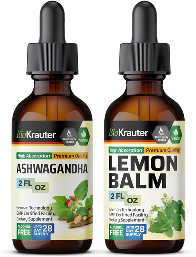 [BRSRAGABOJ5AIG3V] BIO KRAUTER Ashwagandha Tincture 2 Fl. Oz. & Lemon Balm Tincture 2 Fl. Oz.