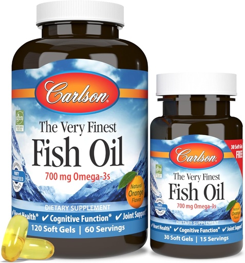[BRSWIZY4BR6GMDTO] Carlson - L'huile de poisson la plus fine, 700 mg Omega-3s, Supplément d'huile de poisson norvégien, Huile de poisson Omega-3 prise sauvage, Capsules d'huile de poisson à source durable, Supplément Omega-3, Orange, 120+30 Softgels