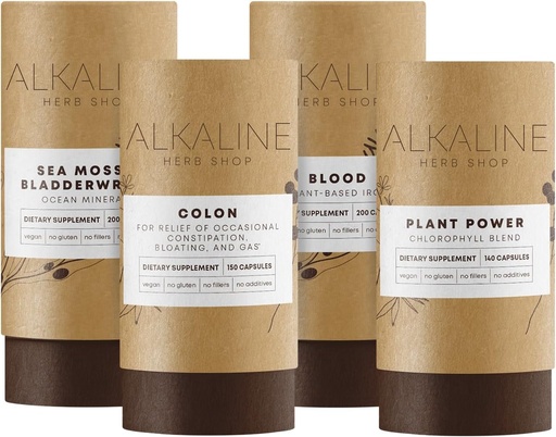 [BRSWGCYRAF4A4YLD] Alkaline Herb Shop Mild Detox Bundle - Sea Moss & Bladderwrack, Plant Power (Chlorophyll), Blood (Iron), and Colon (Happy Colon)