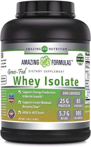 [BRSWYGIQAAMA4ADD] Amazing Formulas Grass-Fed Whey Protein Isolate | 25 Grams Protein Per Serving | 5 Lbs (2.26 Kg) | 5.7 Grams BCAA | Made in USA (5 Lb, Unflavored)