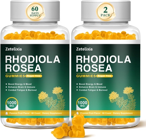 [BRSRAEI3DINAIAA2] 2 Pack Sugar-Free Rhodiola Rosea Gummies 1000mg, Rhodiola Rosea Supliment pentru Femei & Barbati, Suport Rezistenta, Mood & Energy, Non-GMO, Vegan, 120 Conte