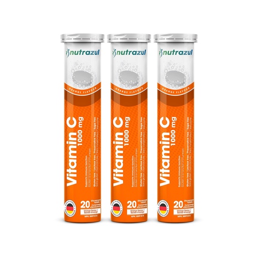 [BRSWYZL5AEFGEYL6] nutrazul Vitamin C 1000mg Effervescent Tablets, VIT C Supplement to Help Maintain Immune Function, Gluten-Free, Lactose-Free, Sugar-Free, Preservative-Free, Orange Flavor, 20 Count, Pack of 3