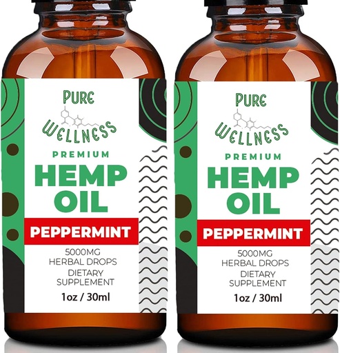 [BRSWGCQ3OZ7BM3Q2] Pure Wellness Hemp Seed Oil Drops Peppermint Flavor for Improved Cognitive Function, Omega 3 6 9 Fatty Acids, Organic, Non-GMO, Vegan (5,000mg 2-Pack)