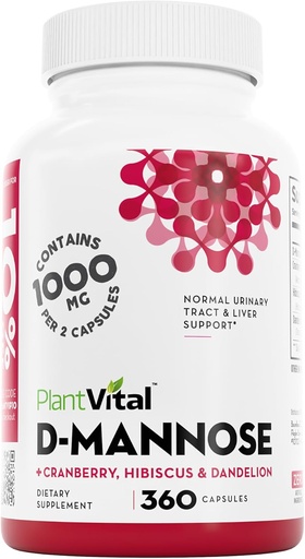 [BRSWYFAKCNYGGCT5] Cápsulas de Mannose Plantvital D com Cranberry - D-mannose 1000mg Cápsulas - Alta potência para suporte de bexiga, rim e trato urinário. Pó de cranberry com Hibiscus e Dandelion. 6 Meses de Fornecimento