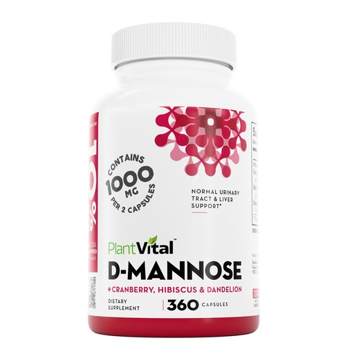 [BRSWYFAKCNYGGCT5] Plantvital D-Mannose Capsules 1000mg with Cranberry - Urinary Tract Support | High Potency D Mannose Supplements with Cranberry Powder, Hibiscus & Dandelion for Bladder and Kidney Health - 360 Capsules