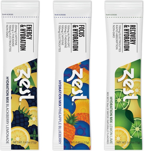 [BRSRMHYCAR7QMFD6] Zest Hydration Electrolyte Powder - Variety Pack - Mix w/Water - 6 Travel Packets - Low Sugar Supplement - Recovery, Energy, & Focus Drink - IV Pillars of Liquid Rehydration incl Salt & Potassium