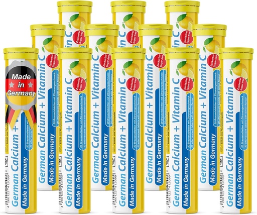 [BRSWYGIQPN5RADL3] German Calcium + VIT. C - 240 Vegan Drink Effervescent Tablets - Lemon Lime Flavor - Made in Germany