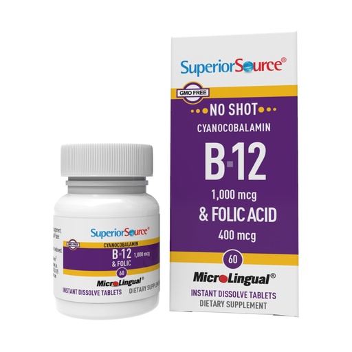 [BRSWIZQRO4PBQ3LO] Superior Source No Shot Vitamin B-12 Cyanocobalamin 1000 mcg & Folic Acid 400 mcg - Offers Energy, Heart, Brain, & Stress Support - 60 Sublingual Dissolving Tablets