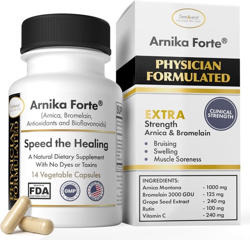 [BRSWIFY7AIDGCYDA] Arnika Forte Capsules - Svullnad och brusande Reducer efter kirurgi och estetiska behandlingar, antioxidanter och bioflavonoider, Arnica 1000mg, Bromelain 125mg 3000GDU - 14 kapslar