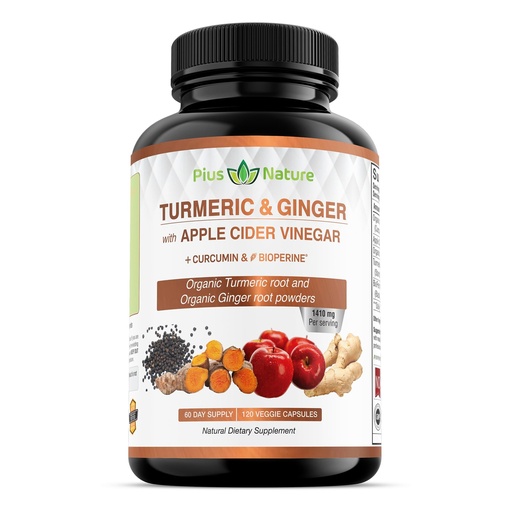 [BRSWYHQ5CQBRGCDU] 120 Capsules of USDA Organic Turmeric Root Powder, USDA Organic Ginger Powder and Apple Cider Vinegar Powder with Curcumin (95% Curcuminoids) and Bioperine, 1410 mg per Serving in Veggie Capsules