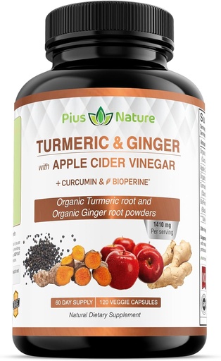 [BRSWYHQ5CQBRGCDU] 120 capsules dari USDA Organic Turmeric Root Powder, USDA Organic Ginger Powder dan Apple Cider Vinegar Pounder dengan Curcumin (95% Curcuminoid) dan Bioperin, 1410 mg per Serving di Vevgie Capsules