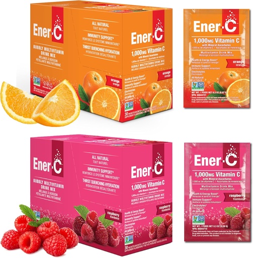 [BRSWKFL7BANRYG3A] Ener-C Orange & Raspberry Multivitamine Drink Mix Powder Vitamina C 1000mg & Electroliti cu suc de fructe reale Natural Energy & Immune Support for Women & Men - Non-GMO Vegan & Gluten Free - 60 Conte