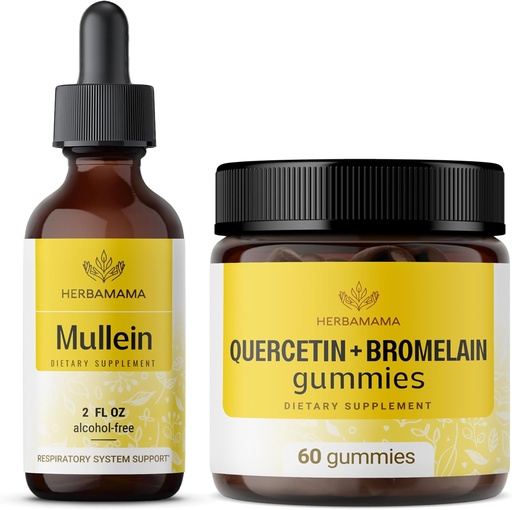 [BRSRAGAPOQIAA2D5] HERBAMAMA Trousse d'extrait de feuilles de Mullein et de gommes à quercétine - Ensemble de gouttes de feuilles de Mullein 2 fl oz et 800 mg de quercétine avec des gommes à bromelain - Vegan, non-OGM, sans alcool - 2 boîtes