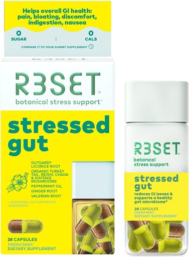 [BRSW2BIPOV4AYE3Z] R3SET Stressed Gut Prebiotic Daily Supplement for Gut Health, Heartburn, Bloating, Gas – Complement Probiotics for Women + Men - Ginger, Licorice Root, Organic Mushrooms Blend, Natural, 28 Count