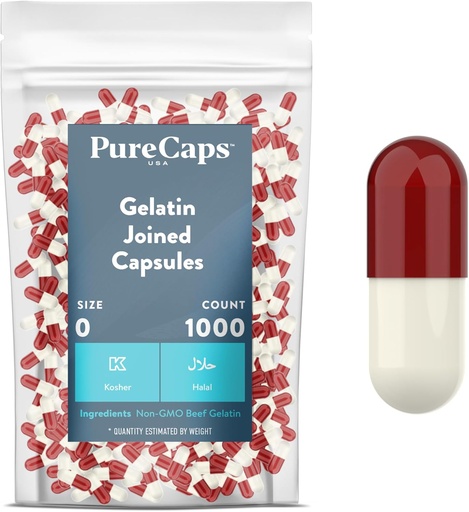 [BRSWIGI4DEMQ42Q7] PureCaps USA - Empty Gelatin Capsules Size 0 | 1,000 Pills Joined | Scarlet Red/White | Certificato Non OGM | SLS, Gluten, Preservative Free