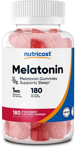 [BRSWYCY2OQBGA233] Nutricost Melatonin 1mg, 180 Gummies, Strawberry Flavored - Gluten Free, Non-GMO, No Corn Syrup
