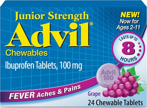 [BRSWICABBZ7BYFTE] Advil Junior Strength Chewable Ibuprofen Pain Reliever and Fever Reducer, Children's Ibuprofen for Pain Relief, Grape - 24 Tablets