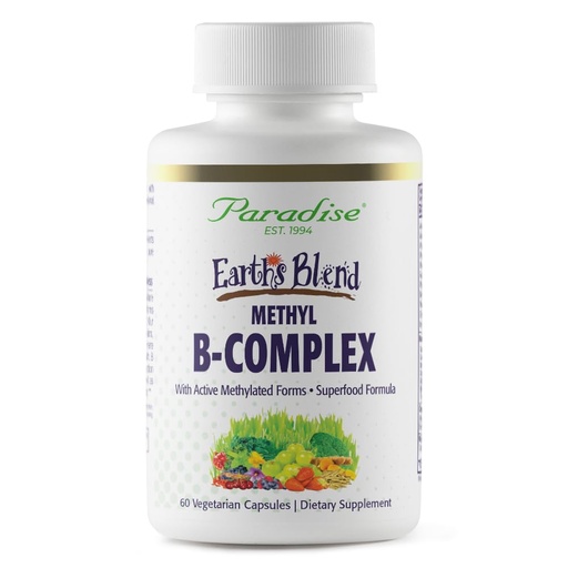 [BRSWGZ32AAOQG336] Paradise Herbs, Earth's Blend B-Complex, Methylated, Enzymatically Active Forms of B Vitamins + Superfoods, Supports Energy & Immunity, 60 Capsules