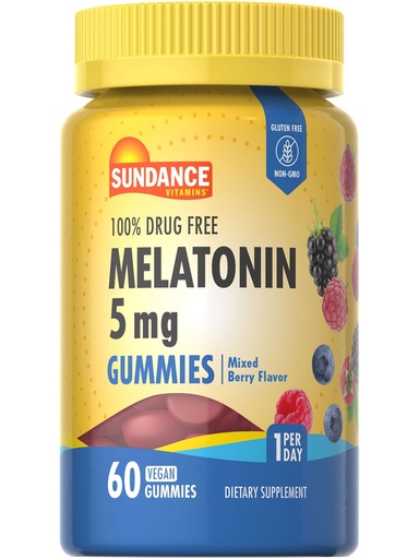 [BRSROBT7OYNRAG37] Sundance Melatonin Gummies 5mg | 60 Count | Mixed Berry Flavor | Vegan, Non-GMO & Gluten Free Supplement for Adults