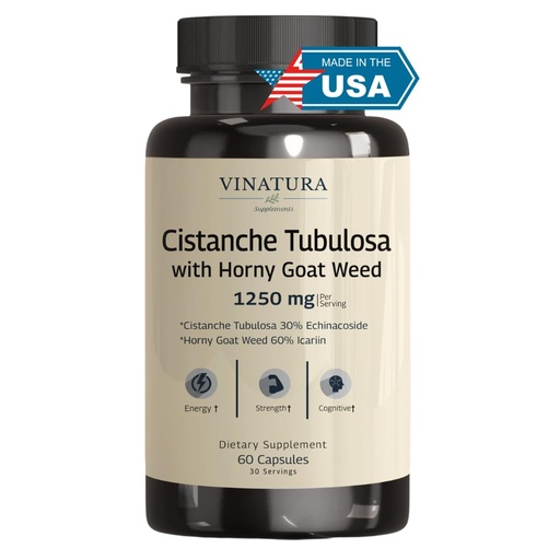 [BRSRMADRAV6AYGQ6] VINATURA Cistanche with Horny Goat Weed 60% Icariin - 1250mg per Serving, Cistanche Tubulosa, Cistanche Supplement Men, Energy, Strength Cognitive *USA Made and Tested* - 60 Capsules 30 Servings