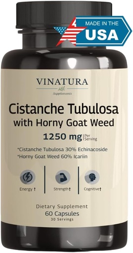 [BRSRMADRAV6AYGQ6] VINATURA Cistanche with Horny Goat Weed 60% Icariin - 1250mg per Serving, Cistanche Tubulosa, Cistanche Supplement Men, Energy, Strength Cognitive *USA Made and Tested* - 60 Capsules 30 Servings