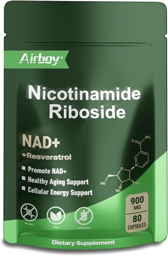 [BRSRAGQCPNYQ43QZ] Airboy NAD Supplement med Nicotinamide Riboside Resveratrol & Quercetin 900 mg, NMNH Alternative för män och kvinnor stöder anti-aging, energi, fokus - 80 kapslar