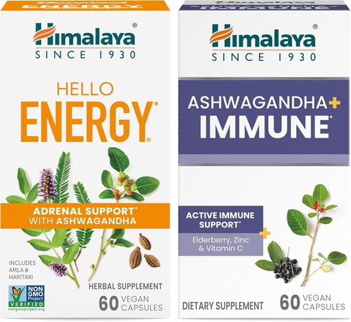 [BRSROFT2OJ5WADQZ] Himalaya Hello Energy med Ashwagandha för Adrenal Support & Daily Energy och Ashwagandha +Immune med vitamin C för aktiv immunstöd, 60 kapslar vardera - Bundle