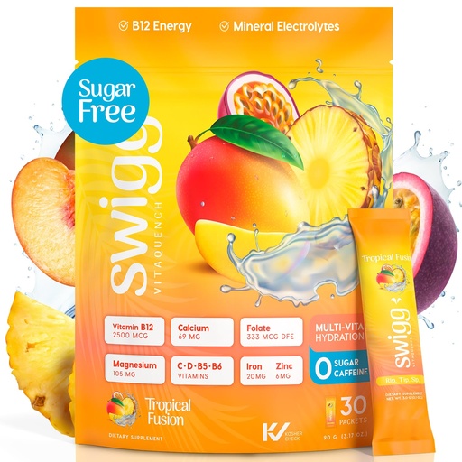 [BRSROCYDBAMRYGY7] Swigg Electrolytes Powder Packets - No Sugar Multivitamin Hydration Powder, Sugar Free Electrolyte Drink Mix with Vitamin B12, B5, B6, C, D and Folate, Multi Vitamin Water, Tropical Fusion - 30 Sticks