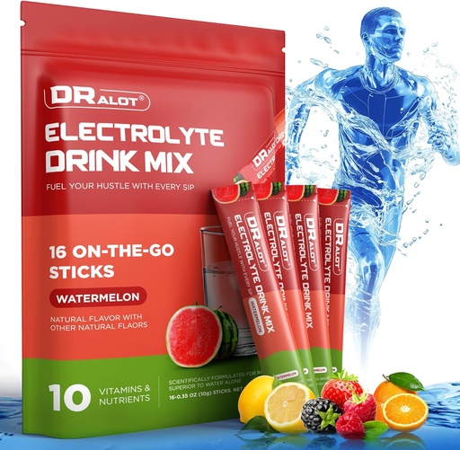 [BRSRA2QFOQBB63LK] Sugar Free Electrolytes Powder with Natural Flavors, 3X Rapid Hydration Packets with 10 Electrolyte & Vitamins, Liquid Daily IV, Non-GMO, Gluten-Free, Keto, Vegan, 16 Sticks, Watermelon