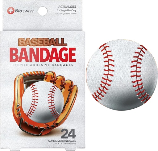 [BRSW22TROEBRGADZ] BioSwiss Kids Bandages, Baseball Shaped Self Adhesive Bandage Set, Latex Free, Sterile Wound Care, 24 Count