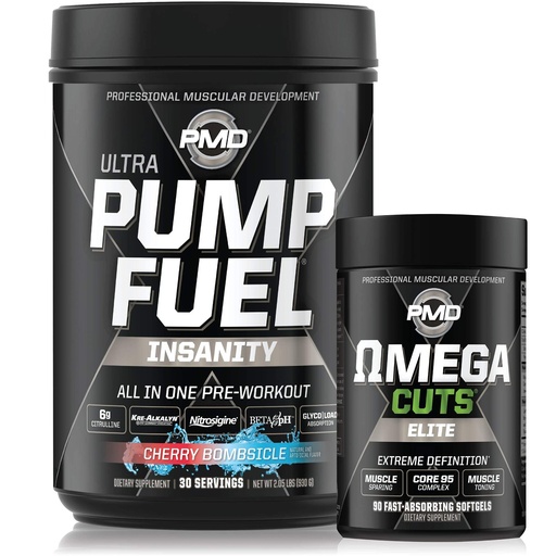 [BRSWYBDRBBYWM23D] PMD Sports Ultra Pump Fuel Insanity - Pre Workout - Cherry Bombsicle (30 Servings) Sports Omega Cuts Elite Thermogenic Fat Burner (90 Softgels)