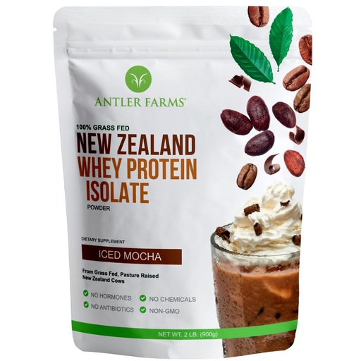 [BRSRAHAQO4FWGFL7] Antler Farms - 100% Grass Fed New Zealand Whey Protein Isolate, Iced Mocha Flavor, 2 lbs - Pure and Clean, 6 Ingredients, Cold Processed