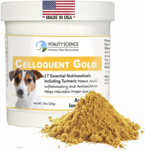 [BRSRMAL4AR6AAA3F] Vitality Science Celloquent Gold for Dogs | Holistic Advanced Immune Support Supplement | 17 Proven Ingredients | Auto Immune, Vomiting and Diarrhea, Depression (220g)