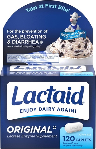 [BRSWIYTZOZ5QYGYY] Lactaid Original Stärke Lactose Intolerance Pillen, 9000 FCC Natürliche Lactase Enzyme Dairy Relief Caplets, hilft Gas zu verhindern, Bloating & Durchfall aufgrund Lactose Empfindlichkeit in Erwachsene & Kinder, 120 Zähler