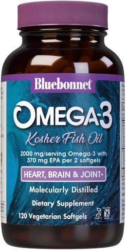 [BRSWKZL3OIMBOEDE] Bluebonnet Nutrition Omega-3 Košera zivju eļļa, dabīgā triglicerīda forma, bez lipekļa, bez piena produktiem, košera sertificēts, ne-ĢMO, trešās partijas pārbaudīts, molekulāri destilēts, 120 Veģetārietis Softgels, 60 Kalpo