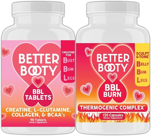 [BRSRAEIYOUNGOFDF] Osagarri haserretuak Better Booty Women's Creatine BBL Combo: BBL Tablets (90ct) w. Creatine, Glutamine, BCAA, Collagen + BBL Burn Thermogenic Capsules (120ct)