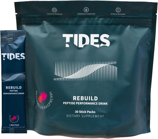 [BRSRAAQDPIMB63LD] Tides Rebuild Complex Peptide Stick Pack, Watermelon Rasberry, Flavored Powder Drink Mix Packs for Muscle Health Support, 30 Stick Packs