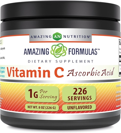[BRSROHYNPIFBYALU] Fórmulas asombrosas Vitamina C (Acid acúsbico) 8 Oz Powder Suplemento TEN 1 Gram Por Serving TENIDO 226 Servimientos TENIDO NO-GMO TEN Gluten Free TEN Made in USA