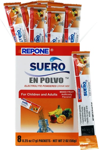 [BRSW2BQ6CEFGCYDP] REPONE SUERO Electrolyte Powder Solution Fruit Flavor, 8 Oz Packets, 1 Box with 8 Packets.