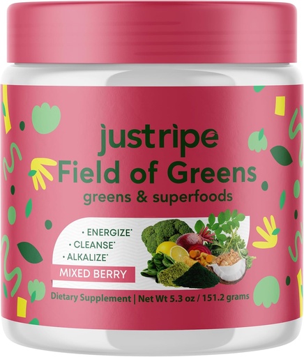[BRSRAHY7OACAOFDO] Field of Greens Superfood Powder with Organic Spirulina, Chlorella, Beet Root Powder - Bacillus Coagulans Probiotic, A Plant-Based Mix Supporting Gut Health, Immunity, 28 Scoops - Mixed Berry