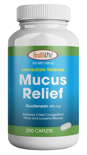 [BRSW2AQ2CB6WYHI7] HEALTH LFE Mucus Relief Guaifenesin Caplets 400 mg, Immediate Release Fast Acting Expectorant, Thin and Loosens Mucus, Relieves Chest Congestion, Cough, Cold and Flu (Medium, 200 Count)