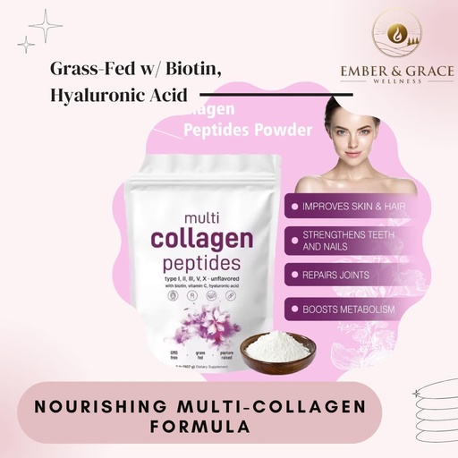 [BRSRAHYCCINQKHTO] Ember & Grace Wellness Multi Collagen Protein Powder– Type I,II,III,V,X with Biotin, Hyaluronic Acid, Vitamin C – Unflavored Collagen Peptides – Keto & Paleo Friendly, Easy Dissolve, Non-GMO