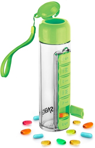 [BRSWYCYQB4HA4CAV] Synergy Water Bottle & Pill Organizer - Reiselager Container für Wasser, Saft, Vitamine - Tragbare 7-Day Pillbox - für Outdoor, Fitness, Reisen - Easy Carry Strap - BPA Free Plastic - 400ml (Green)