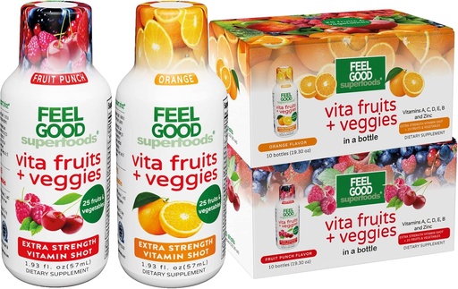 [BRSW2FAPDIMWYYLA] FeelGood Superfoods Vita Fruits et légumes Immune Support Suppléments de prise de vue, 25 Fruits et légumes biologiques, prêt à boire Immunity Booster, 10 Orange et 10 Fruit Punch Flavor, Combo Pack de 20