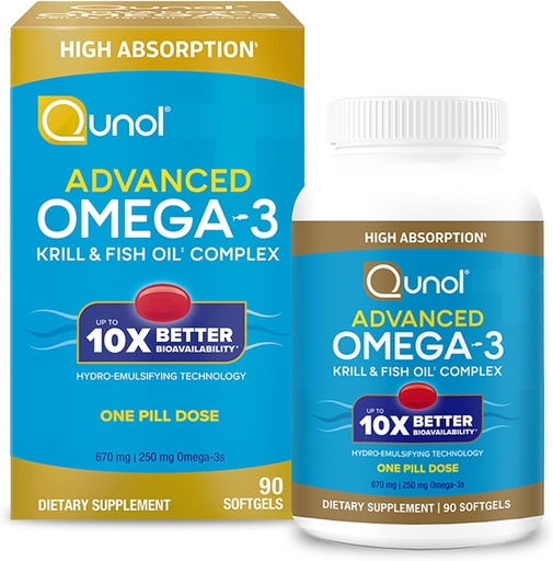 [BRSROBIZDJ4AYADD] Qunol Advanced Omega 3 Krill and Fish Oil Complex, 10x Better Bioavailability, One Pill Dose, 250mg EPA & DHA, Supports Brain, Eye, Heart and Joint Health, 90 Count (Pack of 1)