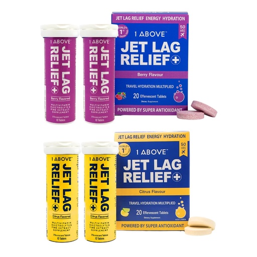 [BRSROGI5DF5GOCD2] 1ABOVE Jet Lag Relief Effervescent Multivitamin with Pycnogenol Travel Supplement for Hydration, Energy, Immune Support and Faster Recovery - Flight Essential - Citrus 20 Count and Berry 20 Count