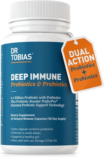 [BRSWIBITO4PQK3A7] Tobias Deep Immune Probiotikoak eta Prebiotikoak, Ekintza bikoitzeko digestioa eta immunitatea PreforProbiotikoak eta atzeratutako askapena Spore Forming Probiotics for Women and Men, 60 kapsulak, 30 Zerbitzu
