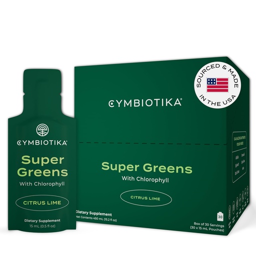 [BRSWYAD4DJ5WAGY7] CYMBIOTIKA Super Greens Supplement with Chlorophyll, Spirulina, Daily Vegan Superfood Packets for Digestive Gut Health, Detox, Energy and Immune Support, Citrus Lime Flavor, 15 mL Pouches, 30 Pack