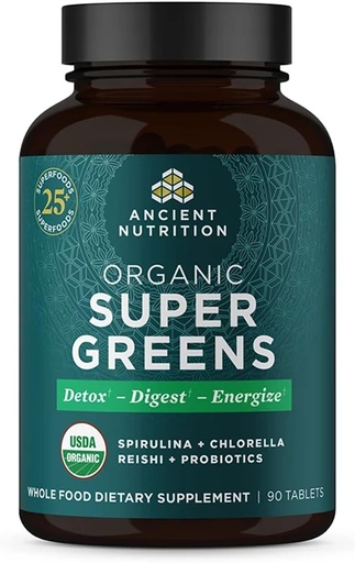 [BRSW2AY7A4FRA3IY] Ancient Nutrition Super Greens Probiootit, Organic Superfood Tablets Valmistettu Spirulina, Klorella, Moringa, ja Resilient Probiootti, 30 Tarjoilut, 90 Count